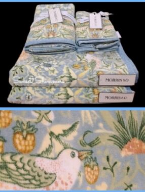 6pc Morris & Co Strawberry Thief Bird & Floral Velour Bath Hand Tip Towel Set